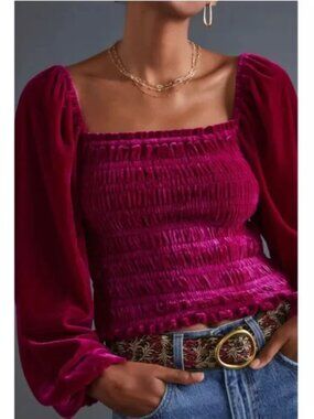 NWT Anthropologie Smocked Puff Balloon Sleeve Velvet Ruche Top Small Romantic